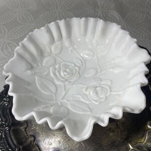 Imperial White Milk Glass Rose Flower Design Decorative Ruffled Edges 9" Bowl